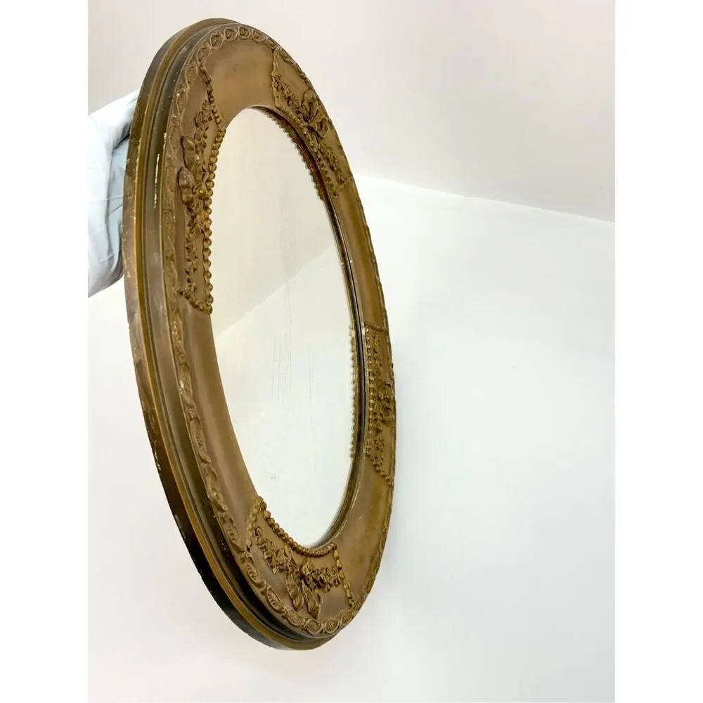 Antique Louis XVI Style Neoclassical Gilt Wood Gold Wall Mirror Ribbon Motif